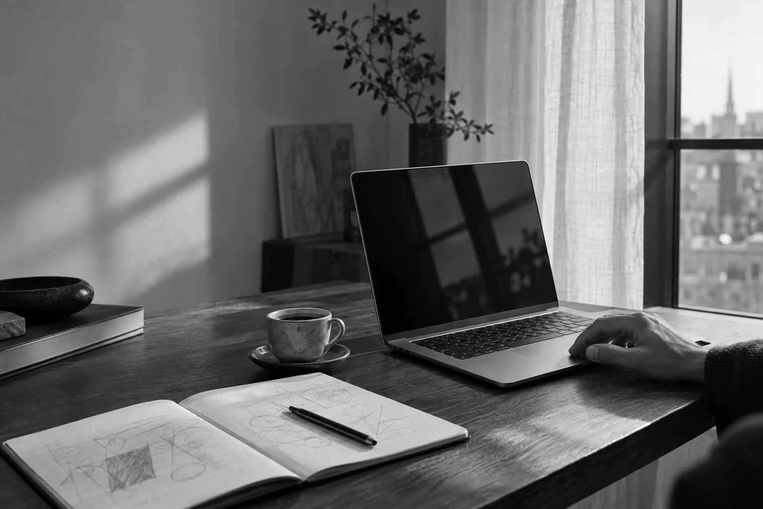 An illustrative monochrome creative workspace with a Mac, desk and soft natural light.